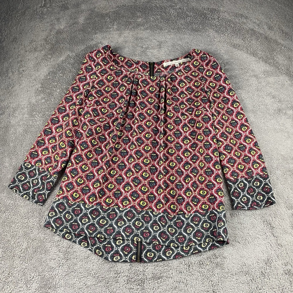 Rachel Rachel Roy Blouse Size XS Red Print Back Zipper 3/4 Sleeve